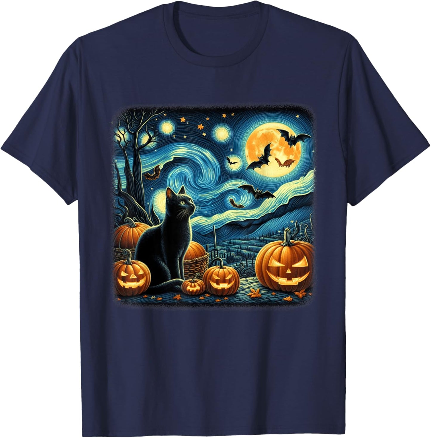Van Gogh Cat Starry Night Black Cat Halloween Cat Lovers Men Women Kids T-Shirt - T-Shirt | Navy
