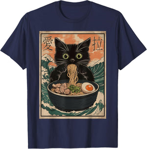Cat Ramen Japanese Art Great Wave Kanagawa Funny Graphic T-Shirt - T-Shirt | Navy