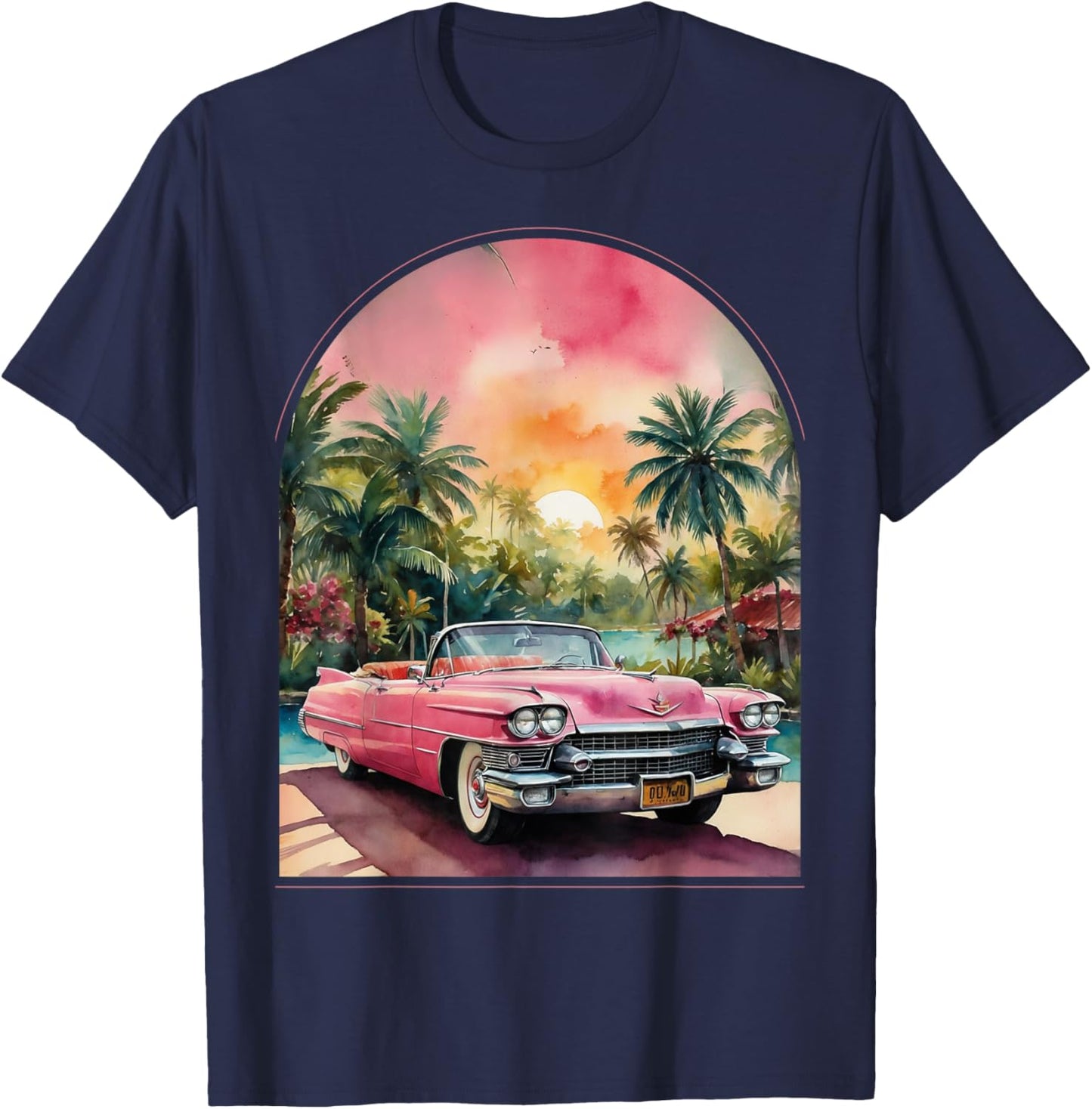 Old School Cadillac Pink | Watercolor | Palm Trees | Exotic T-Shirt - T-Shirt | Navy