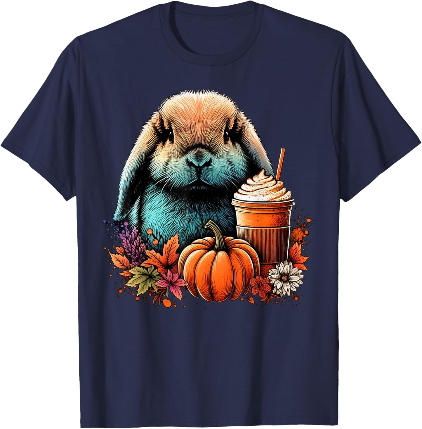 Holland Lop Rabbit Pumpkin Spice Latte Lovers Bunny Autumn T-Shirt - T-Shirt | Navy