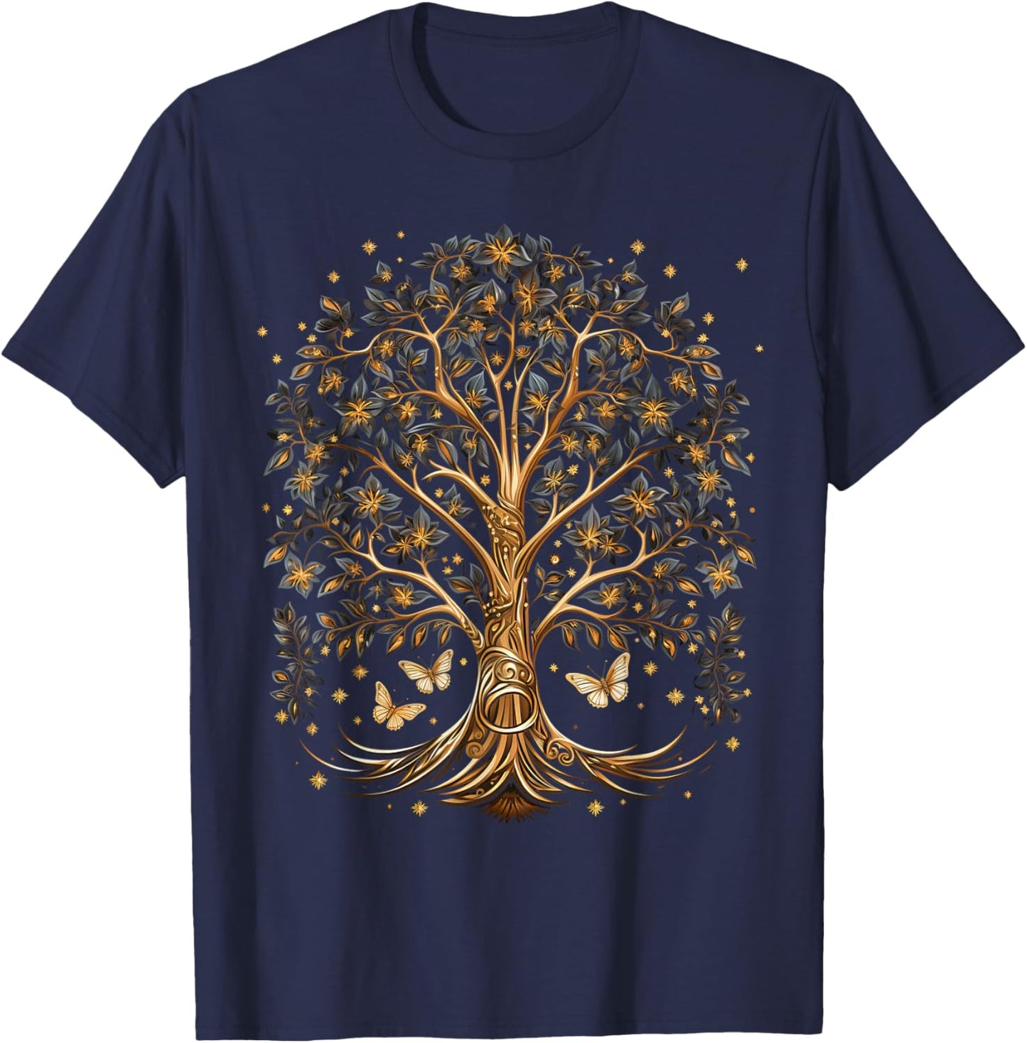 Fall Autumn falling leaves with Tree and Butterfly T-Shirt - T-Shirt | Navy