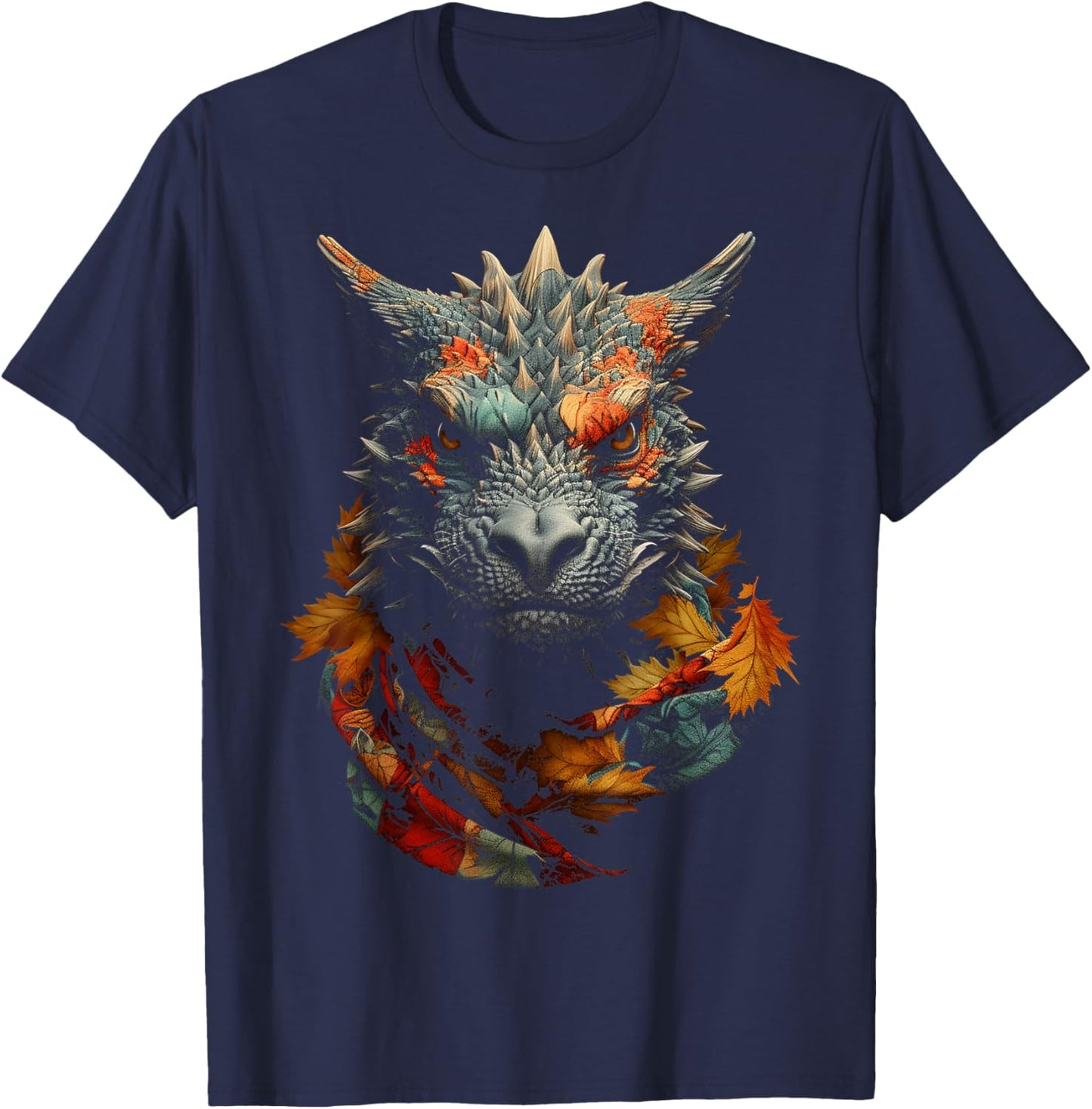 Dragon Autumn Leaves Animal Portrait Art Graphic Dragon T-Shirt - T-Shirt | Navy