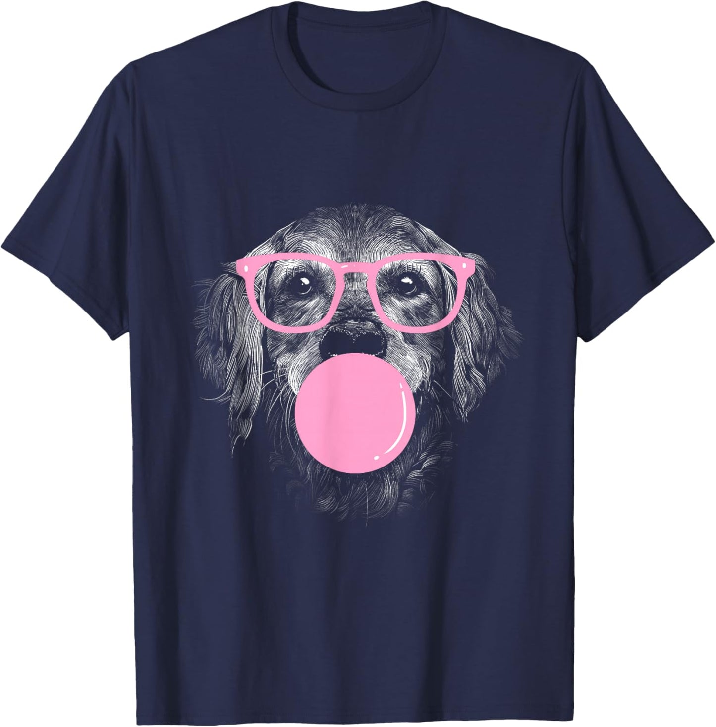 Dog Drawing - Realistic Dog with Glasses and Chewing Gum T-Shirt - T-Shirt | Navy