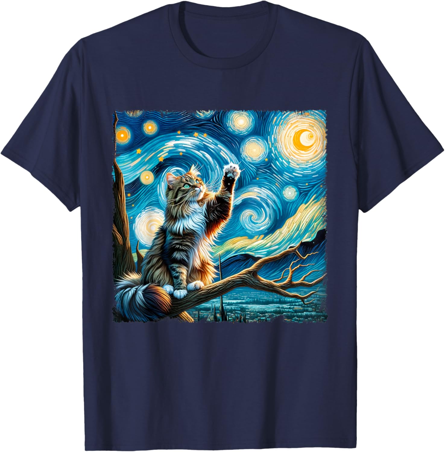 Vintage Cute Animals Cat Starry Night Kawai Norwegian Forest Men Women Kids T-Shirt - T-Shirt | Navy