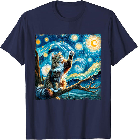 Vintage Cute Animals Cat Starry Night Kawai Norwegian Forest Men Women Kids T-Shirt - T-Shirt | Navy