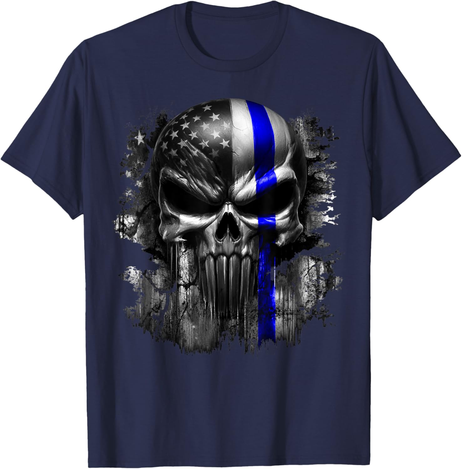 USA American Skull Patriotic Flag Blue Line Grunge Graphic Women Men T-Shirt - T-Shirt | Navy