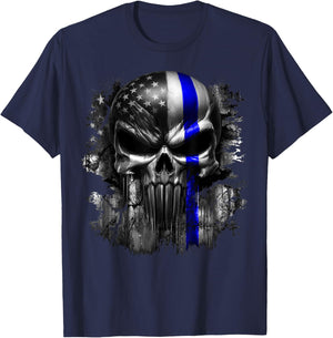 USA American Skull Patriotic Flag Blue Line Grunge Graphic Women Men T-Shirt - T-Shirt | Navy