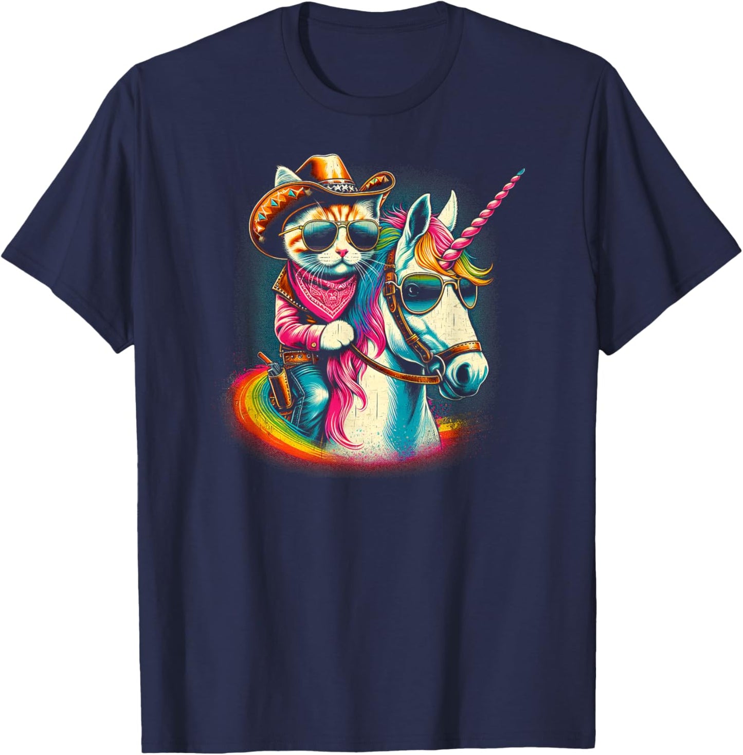Whimsical Wear Cowboy Cat Riding Unicorn Fun T-Shirt - T-Shirt | Navy