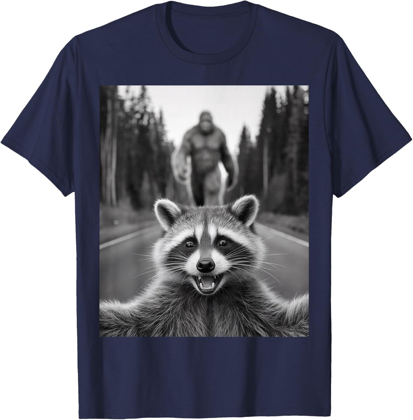 Scared Raccoon Selfie With Sasquatch Bigfoot , Funny Raccoon T-Shirt - T-Shirt | Navy