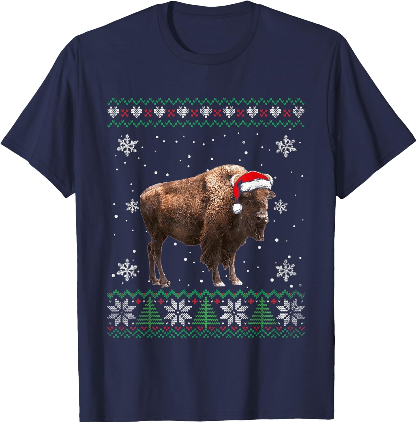 Santa Bison Ugly Sweater Animals Christmas Pajama T-Shirt - T-Shirt | Navy