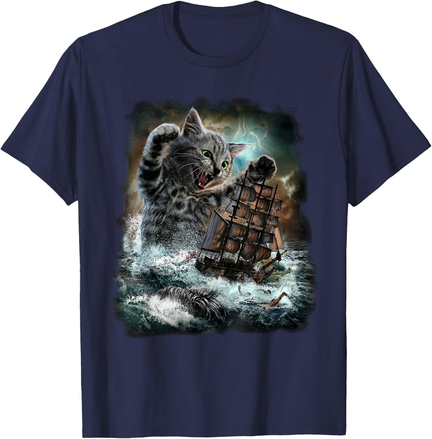 Monster Tabby Cat Ambush Battle Ship T-Shirt - T-Shirt | Navy