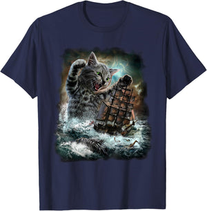 Monster Tabby Cat Ambush Battle Ship T-Shirt - T-Shirt | Navy
