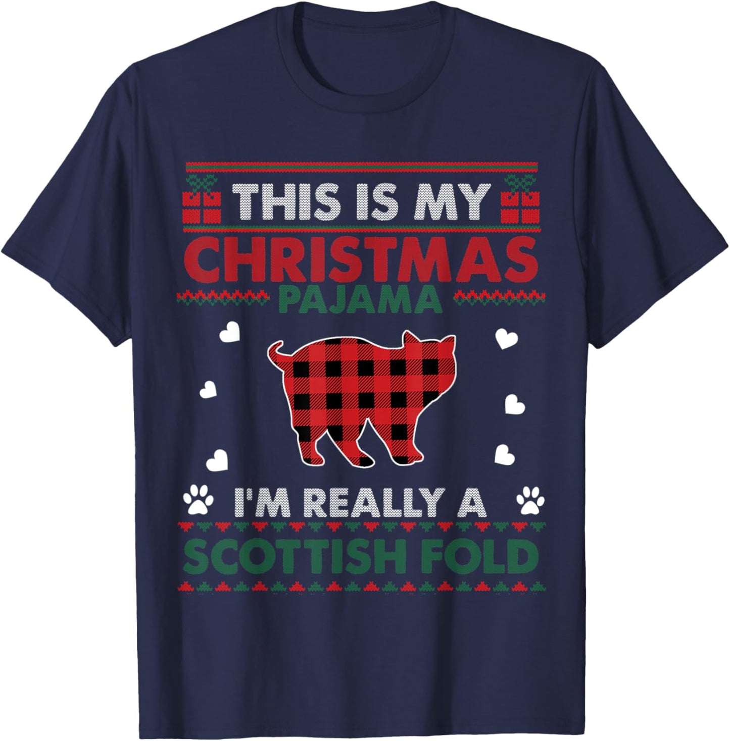 Scottish Fold Cat Lover Xmas Gifts Ugly Christmas Sweater Men Women Kids T-Shirt - T-Shirt | Navy