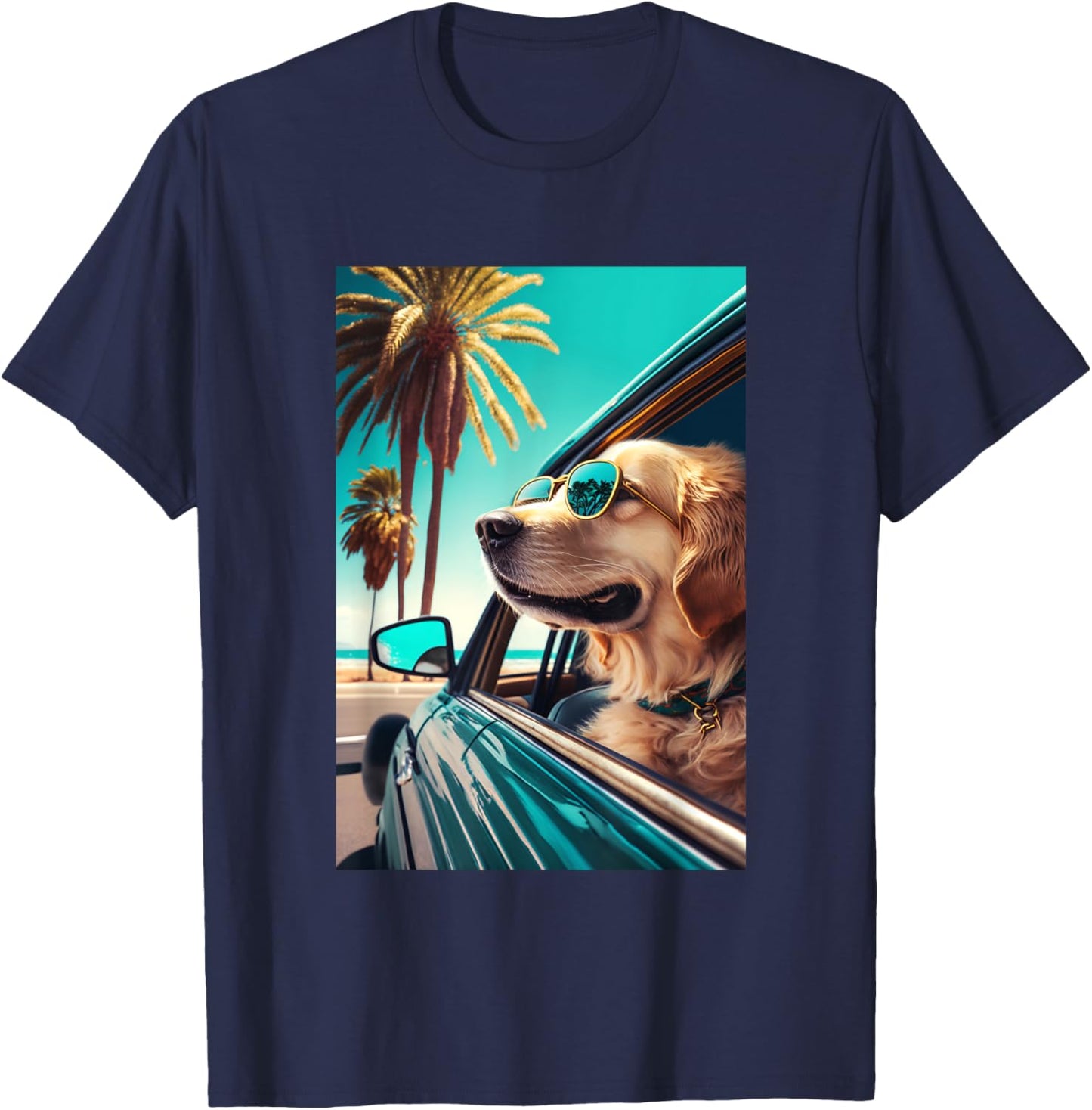 Golden Retriever Sunglasses Beach Palm Trees Summer Dog T-Shirt - T-Shirt | Navy