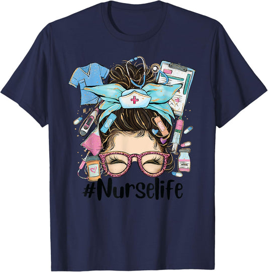 Messy Hair Woman Bun Nurse Life Healthcare Life funny T-Shirt - T-Shirt | Navy