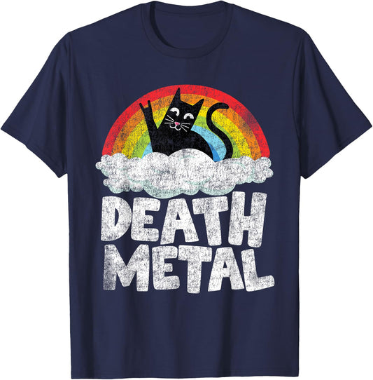 Cat Rainbow Heavy Metal Band Kids Goth Funny Death Metal Small T-Shirt - T-Shirt | Navy
