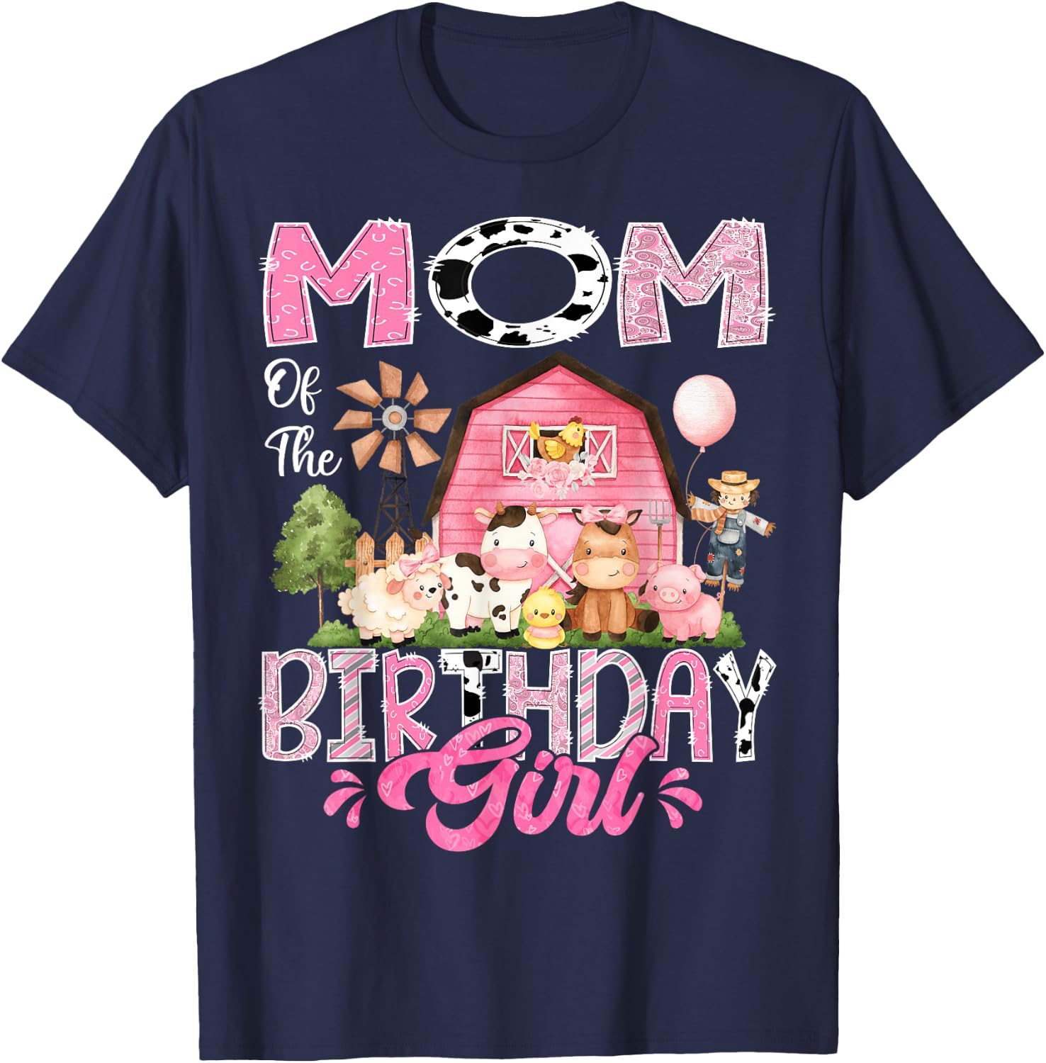 Mom Of The Birthday Girl Pink Farm Cow First Birthday T-Shirt - T-Shirt | Navy