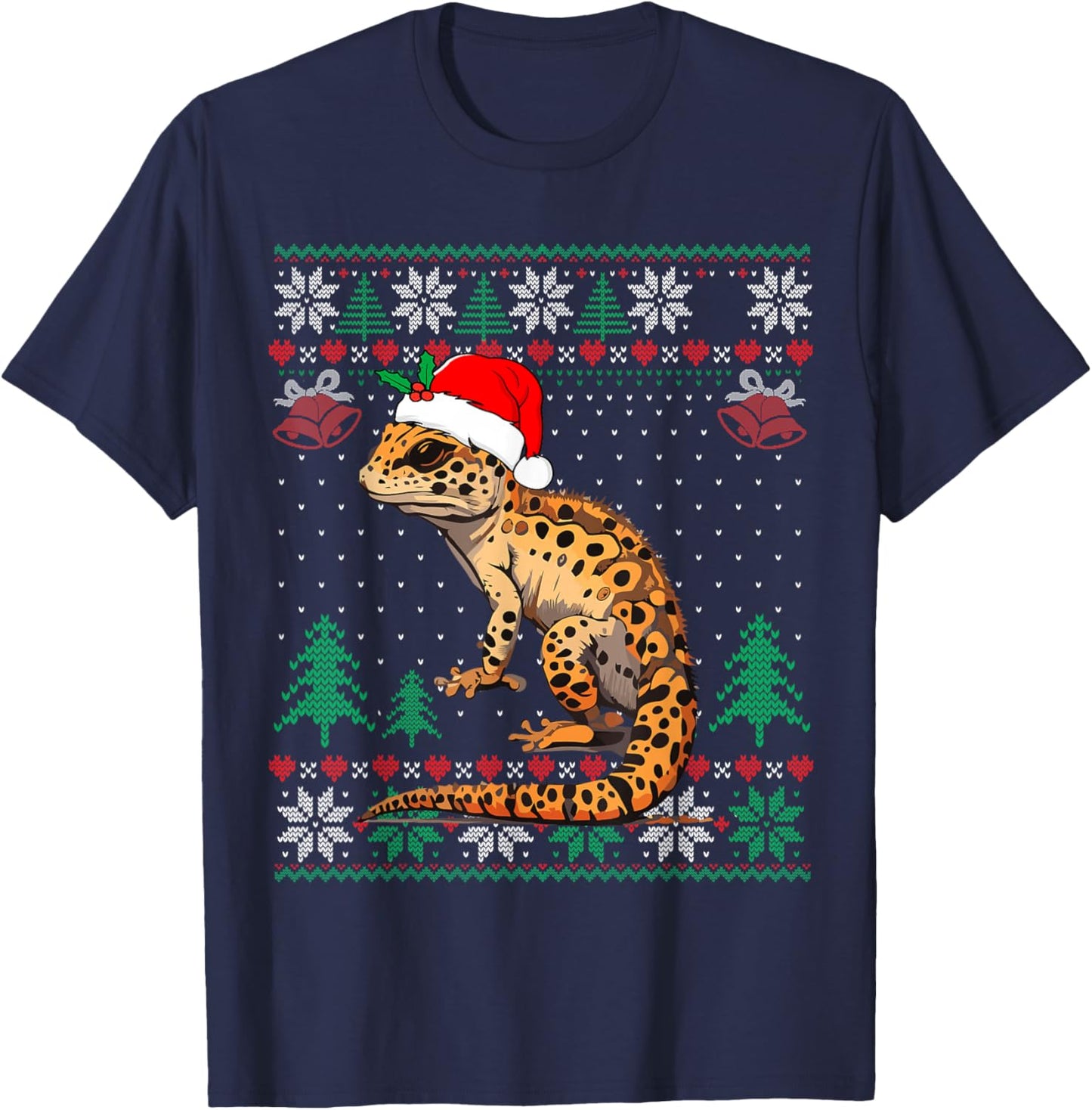 Ugly Christmas Pajama Sweater Leopard Gecko Animals Lover T-Shirt - T-Shirt | Navy