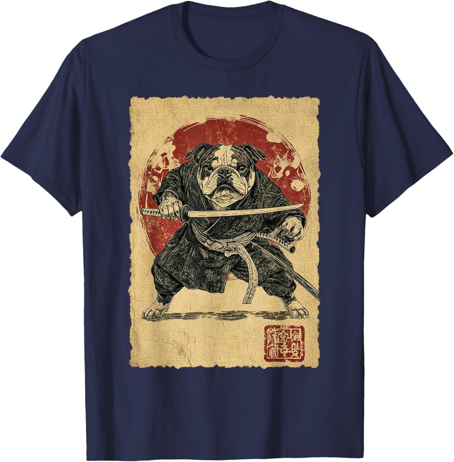 Funny Vintage Japanese Art Bulldog Ninja Samurai Warrior Men Women Girls Kids T-Shirt - T-Shirt | Navy