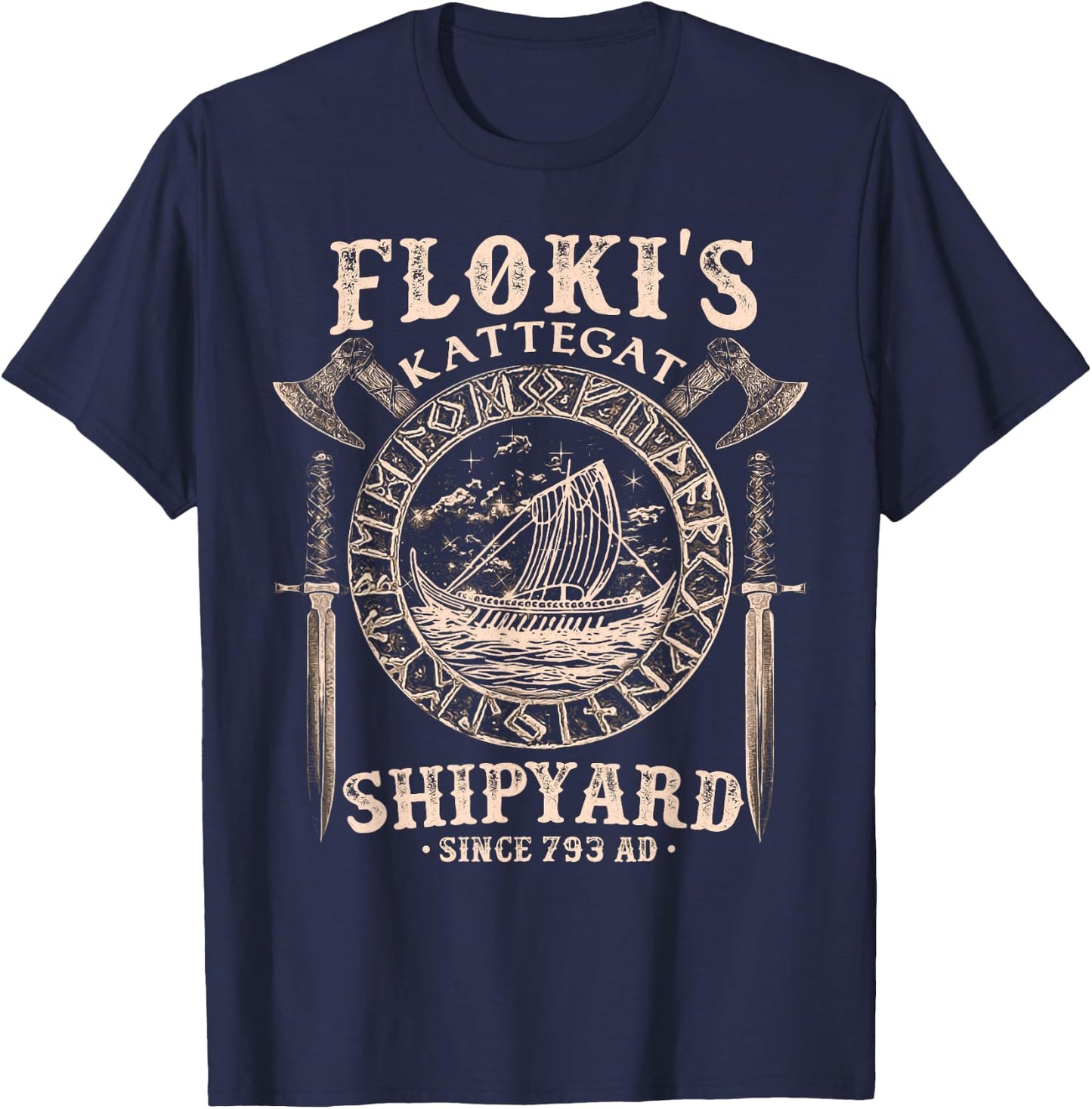 Flokis Shipyard Kattegat Viking Ship and Sword Gift T-Shirt - T-Shirt | Navy