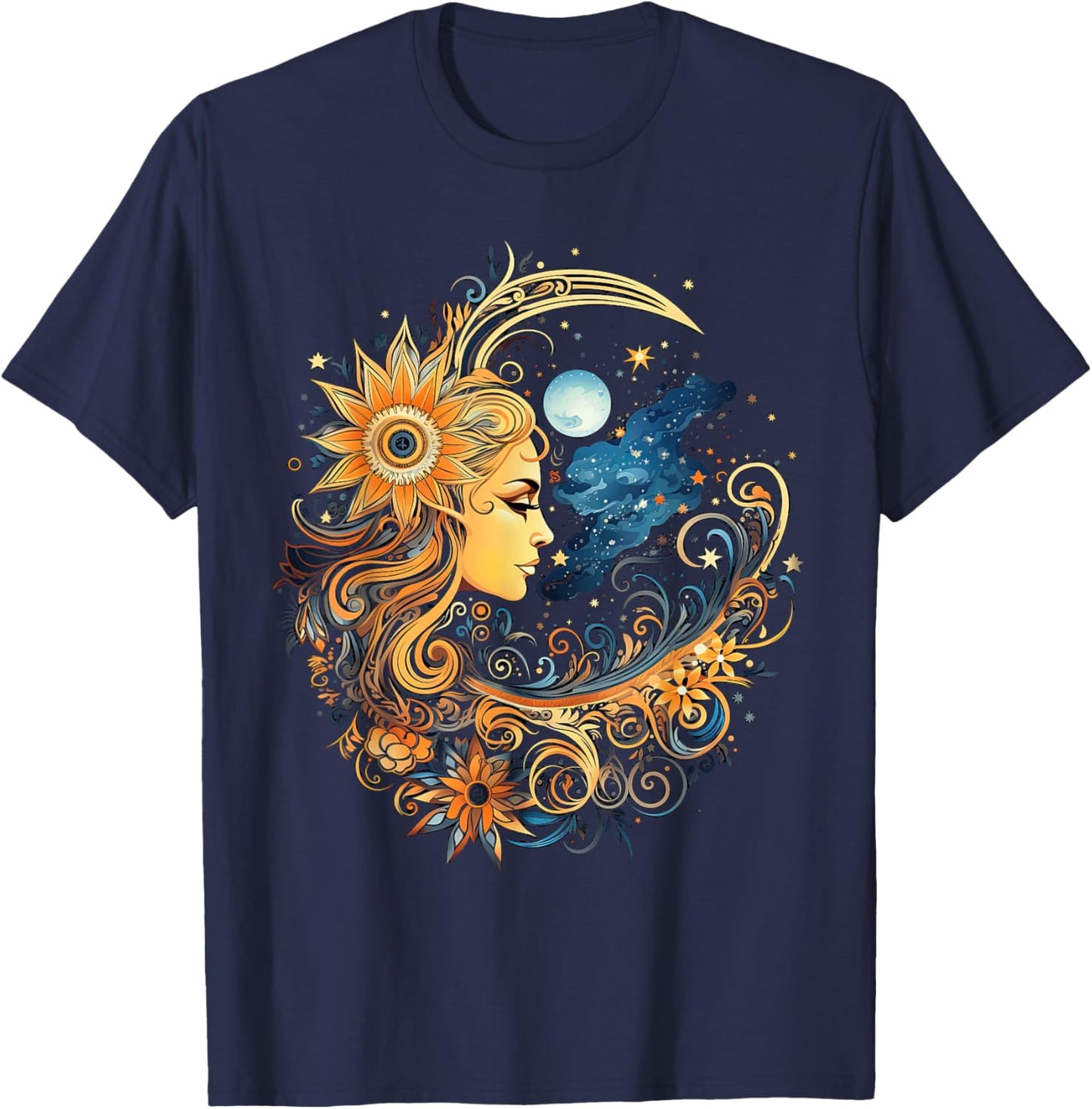 Mystic Sun and Moon Woman Mystical Flowers Aesthetic T-Shirt - T-Shirt | Navy