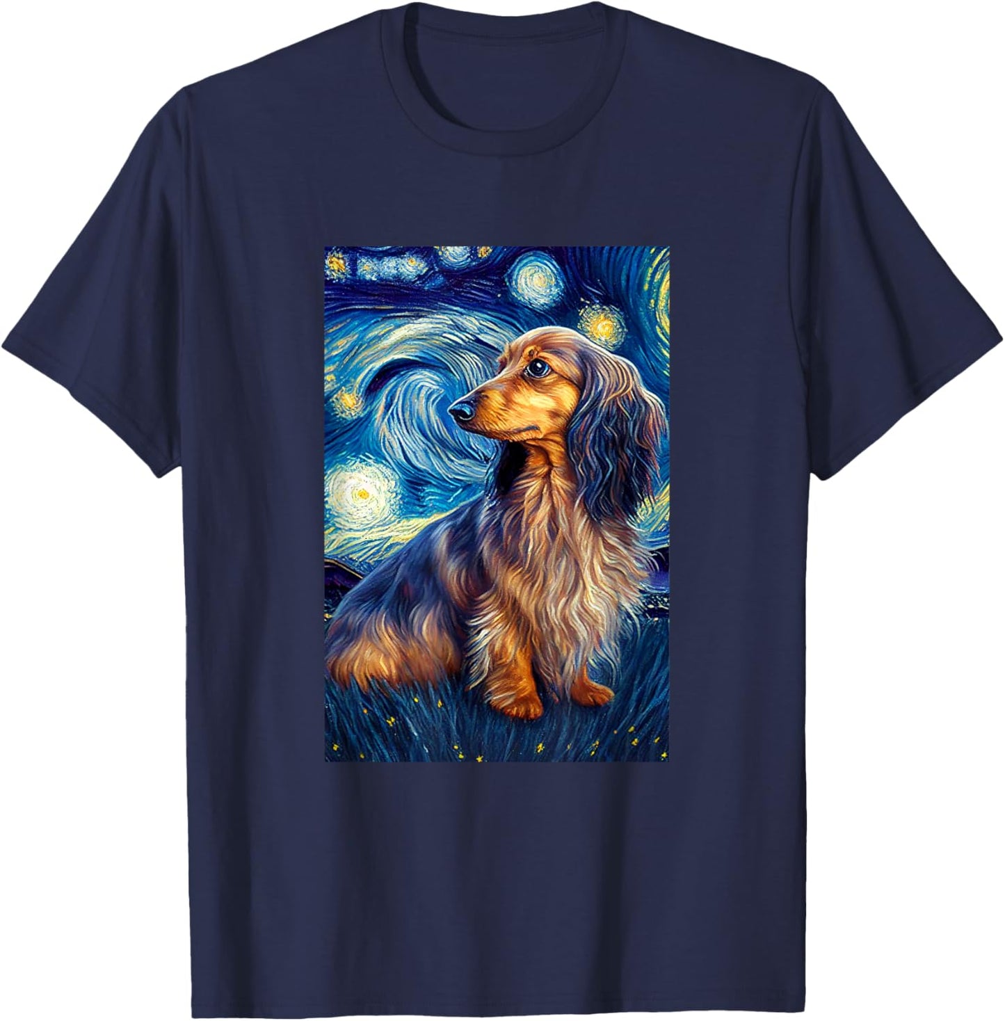 long hair Dachshund in Starry Night Painting Dog Mom Dad T-Shirt - T-Shirt | Navy