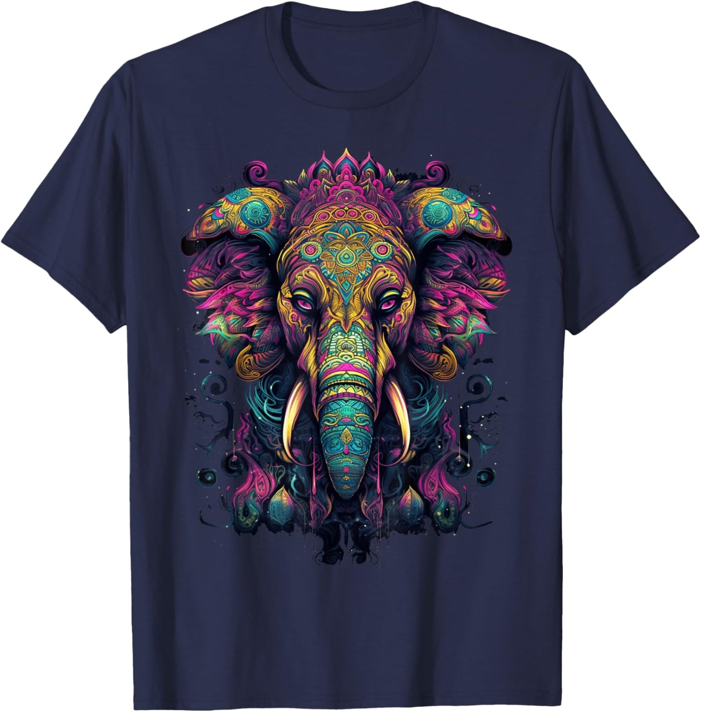 Colorful Elephant | Psychedelic Art Trippy Hippie Men Women T-Shirt - T-Shirt | Navy