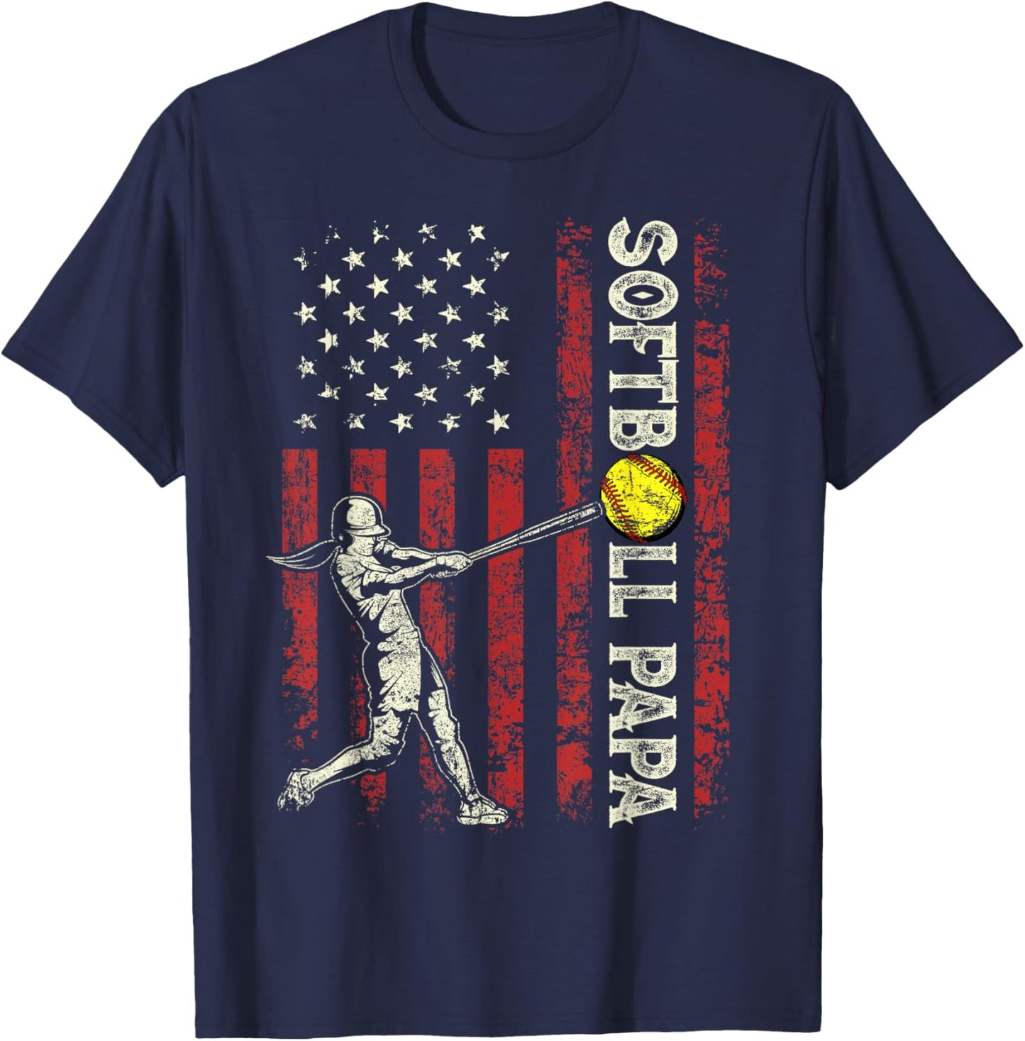 Softball Papa US Flag Gifts Dad Men Patriotic Father's Day T-Shirt - T-Shirt | Navy