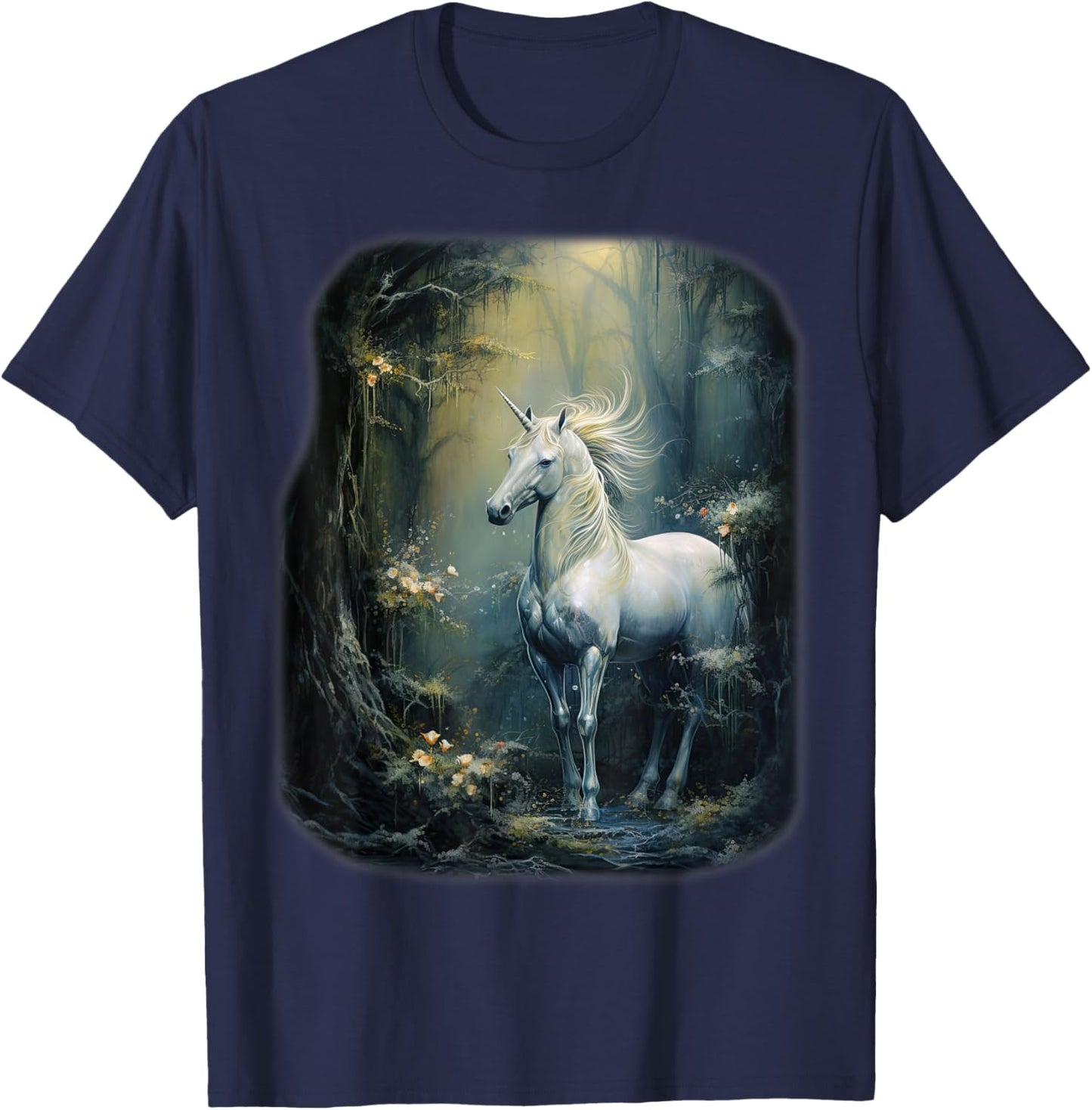 Fantasy white Unicorn standing in a Forest T-Shirt - T-Shirt | Navy