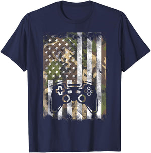 Camo US Flag Gamer Controller Patriotic Men Boys Kids Youth T-Shirt - T-Shirt | Navy