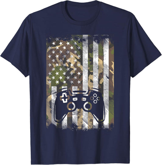 Camo US Flag Gamer Controller Patriotic Men Boys Kids Youth T-Shirt - T-Shirt | Navy