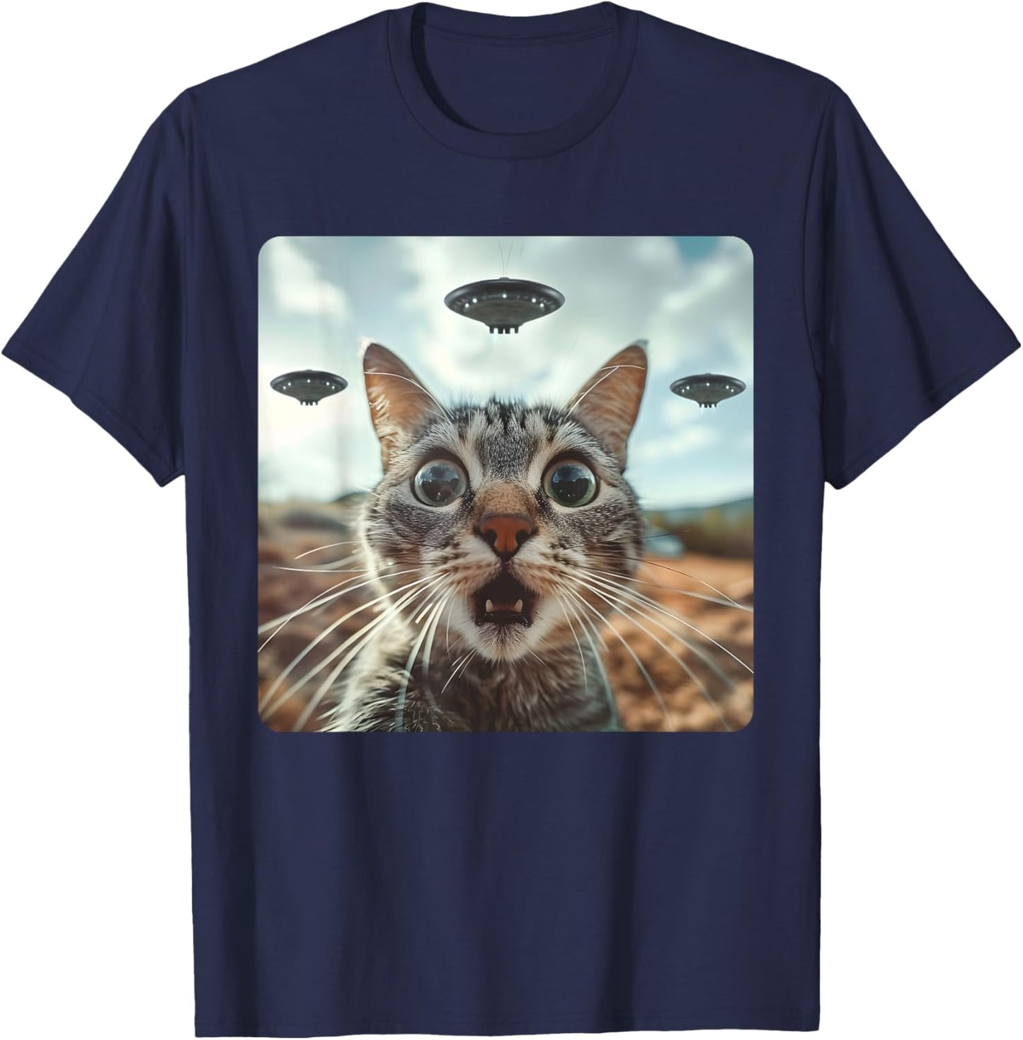 Extraterrestrial Encounter: Cat Selfie with Alien UFO T-Shirt - T-Shirt | Navy