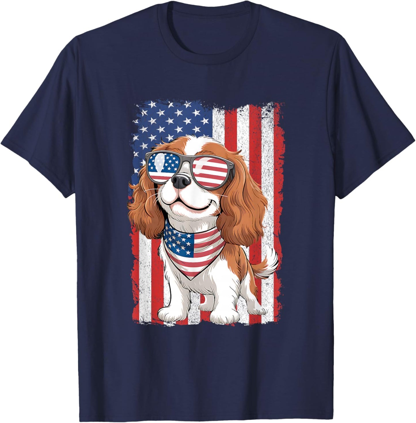 Cavalier King Charles Spaniel 4th of July Patriotic USA Flag T-Shirt - T-Shirt | Navy