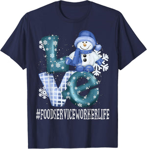 Food Service Worker Love Snowman Winter Season Christmas T-Shirt - T-Shirt | Navy