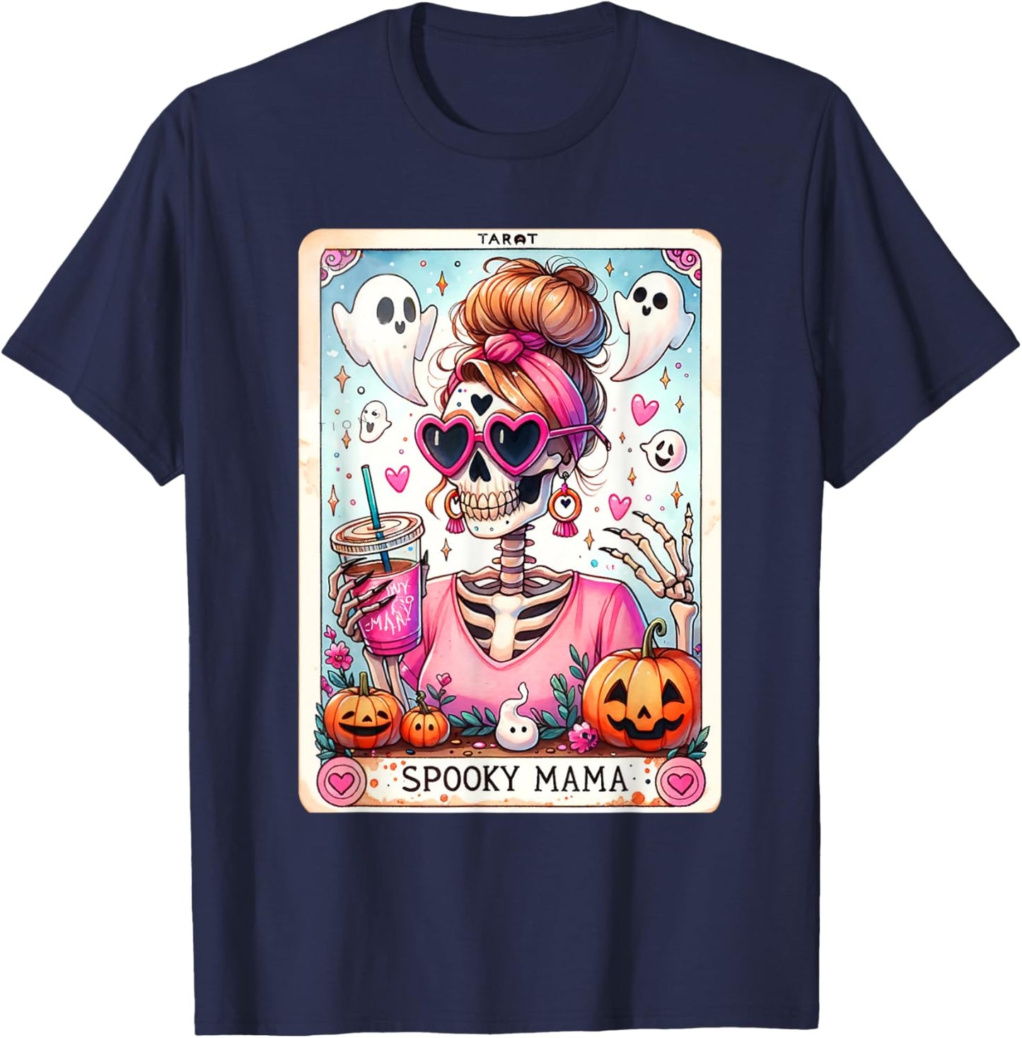 Spooky Mama Tarot Card Skeleton Mom Jack O Lantern Halloween T-Shirt - T-Shirt | Navy