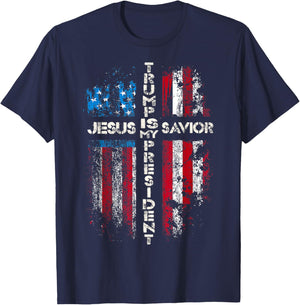 Jesus is My Savior Trump is My President 2024 USA Flag Cross T-Shirt - T-Shirt | Navy