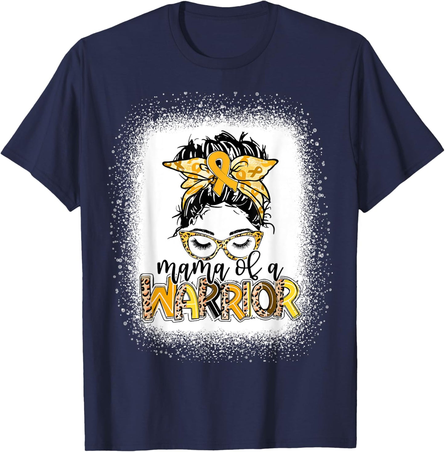Childhood Cancer Awareness Women Messy Bun Mama of a Warrior T-Shirt - T-Shirt | Navy