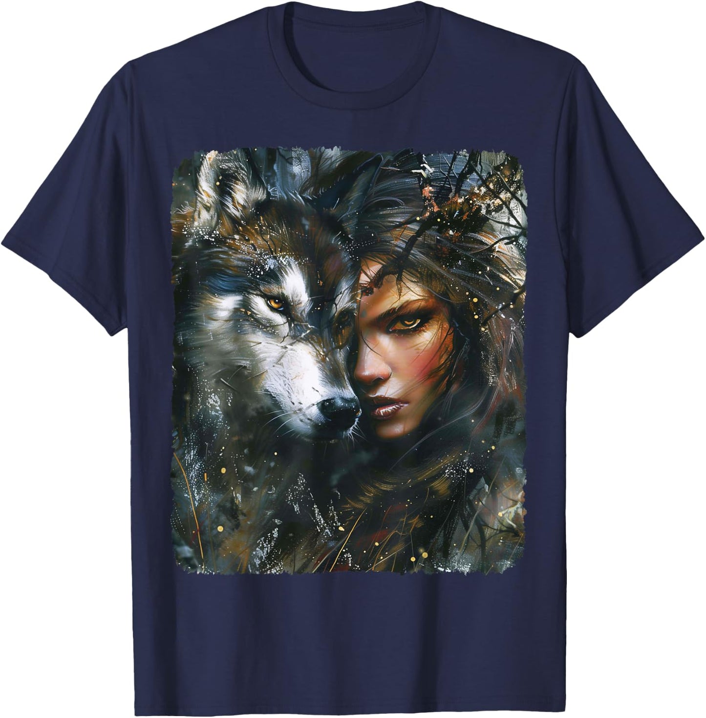 Beautiful Painting of a Woman with her Wolf T-Shirt - T-Shirt | Navy