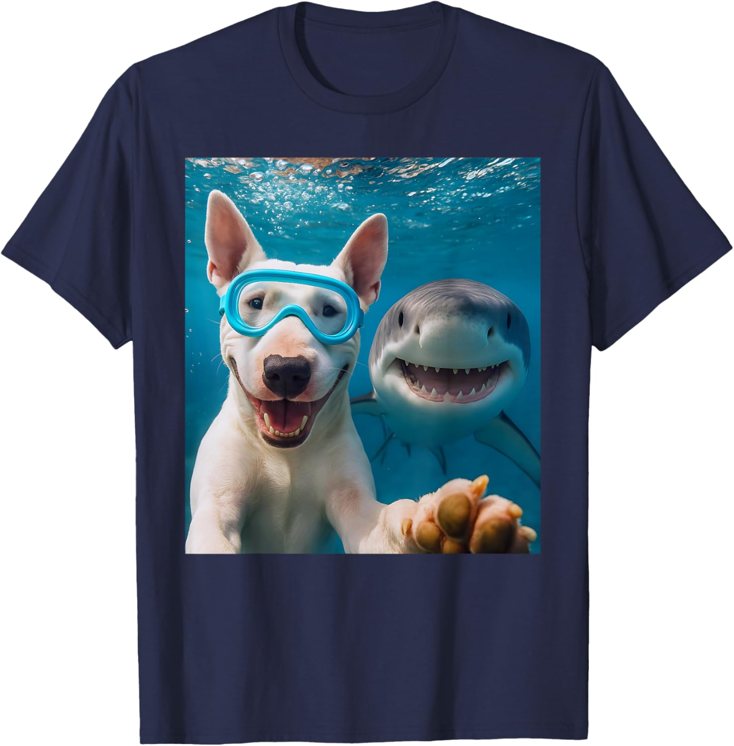 Funny Bull Terrier Dog Selfie with Shark Ocean Lovers T-Shirt - T-Shirt | Navy