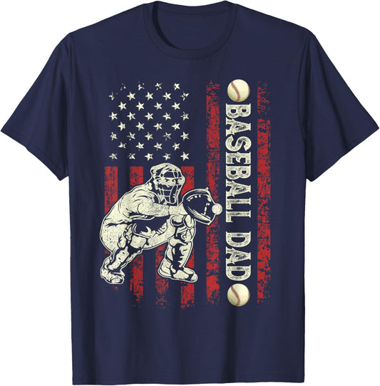 Fathers Day Baseball Dad Flag Gifts Dad Men Baseball Catcher T-Shirt - T-Shirt | Navy
