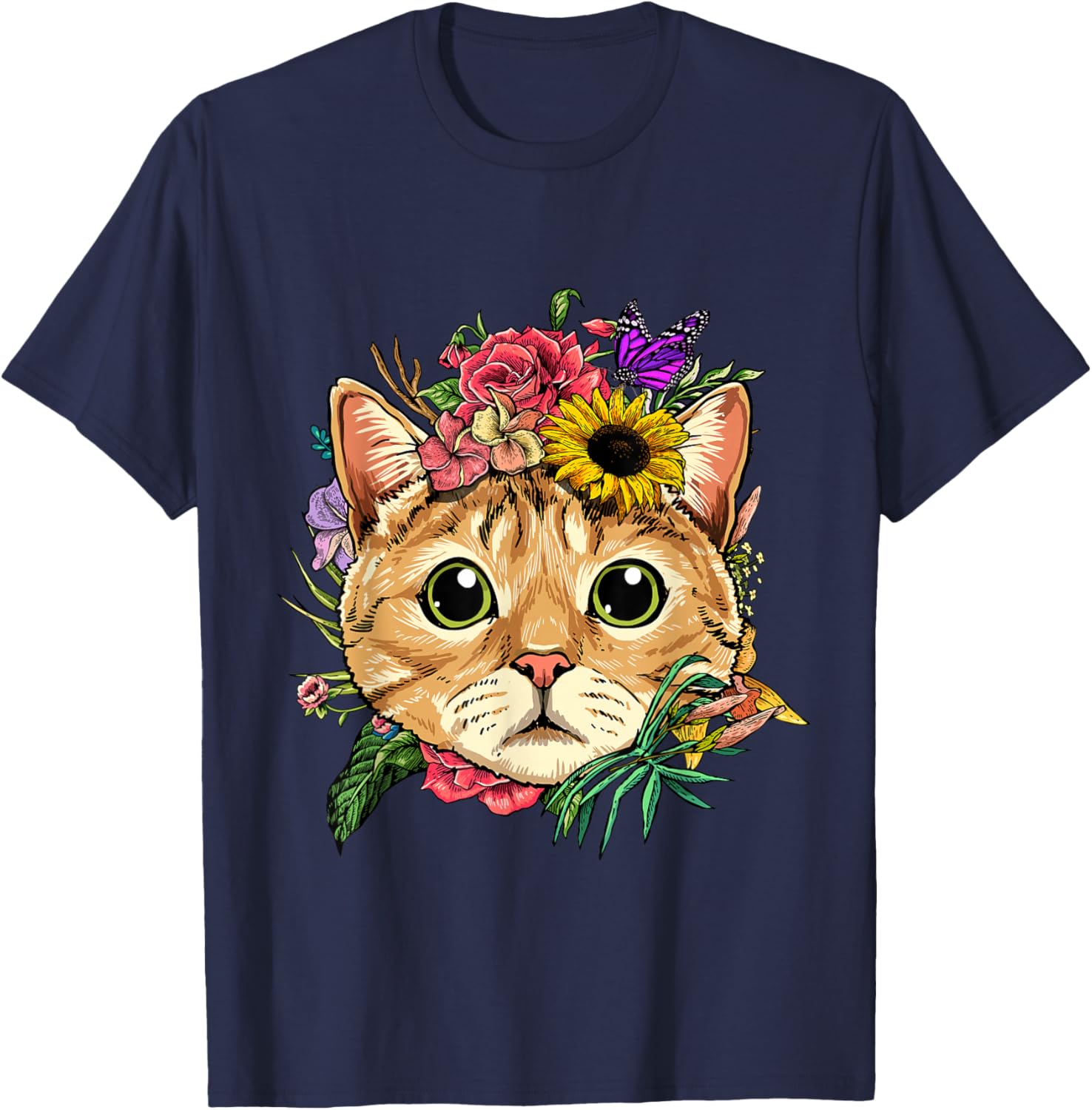 Floral Cat Spring Nature Cat Lovers T-Shirt - T-Shirt | Navy
