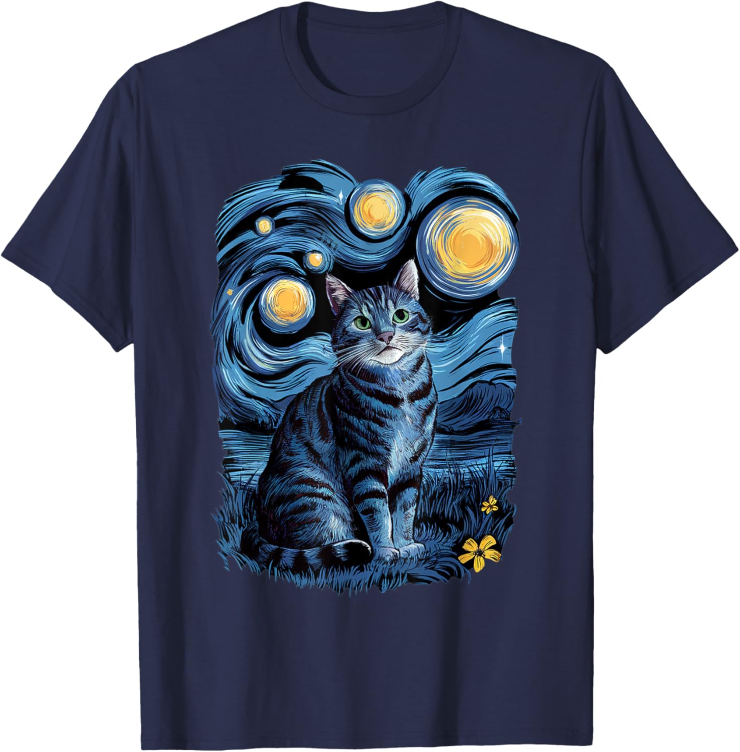 Van Gogh Cat Gifts Tabby Cat Owners Cat Lady Black Men Cat T-Shirt - T-Shirt | Navy