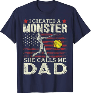 I Created A Monster She Calls Me Dad Softball Father's Day T-Shirt - T-Shirt | Navy