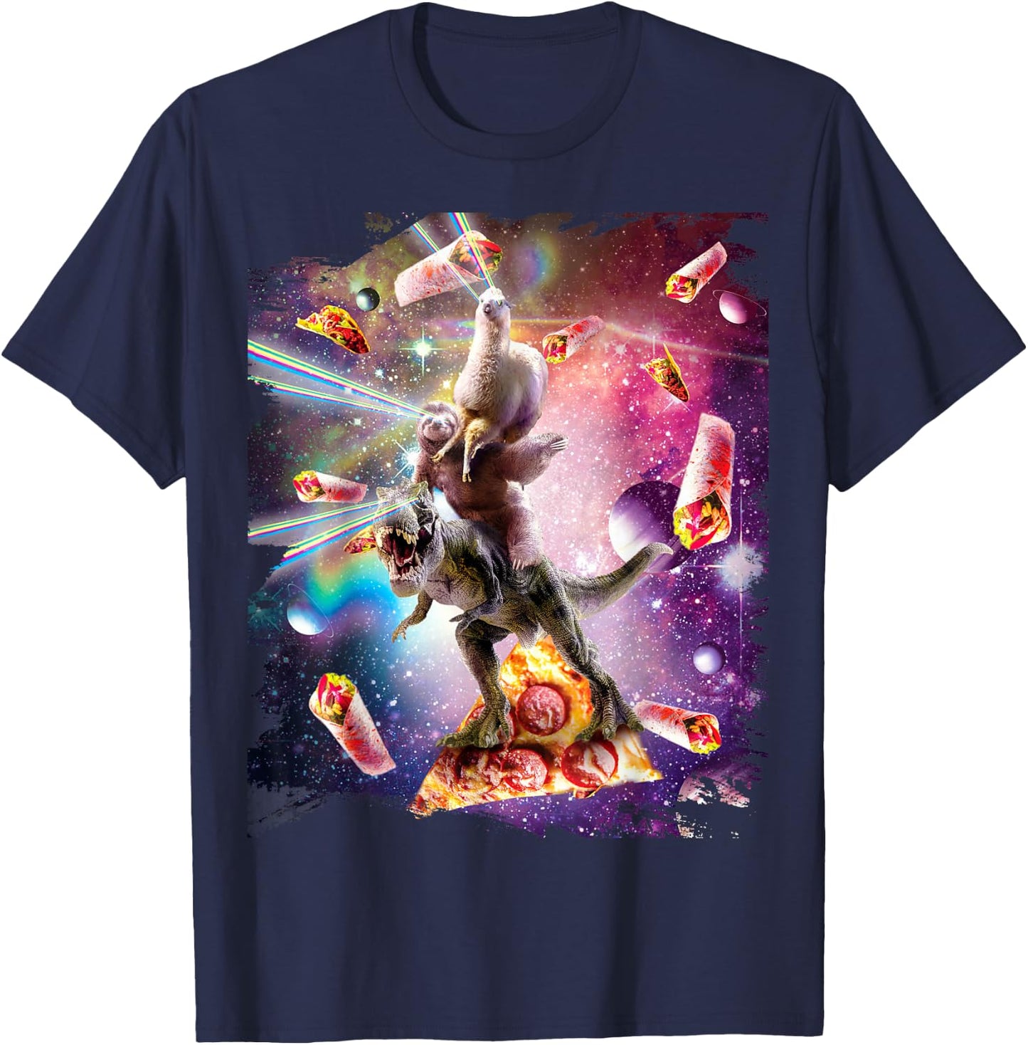 Laser Eyes Space Llama On Sloth Dinosaur - Rainbow T-Shirt - T-Shirt | Navy