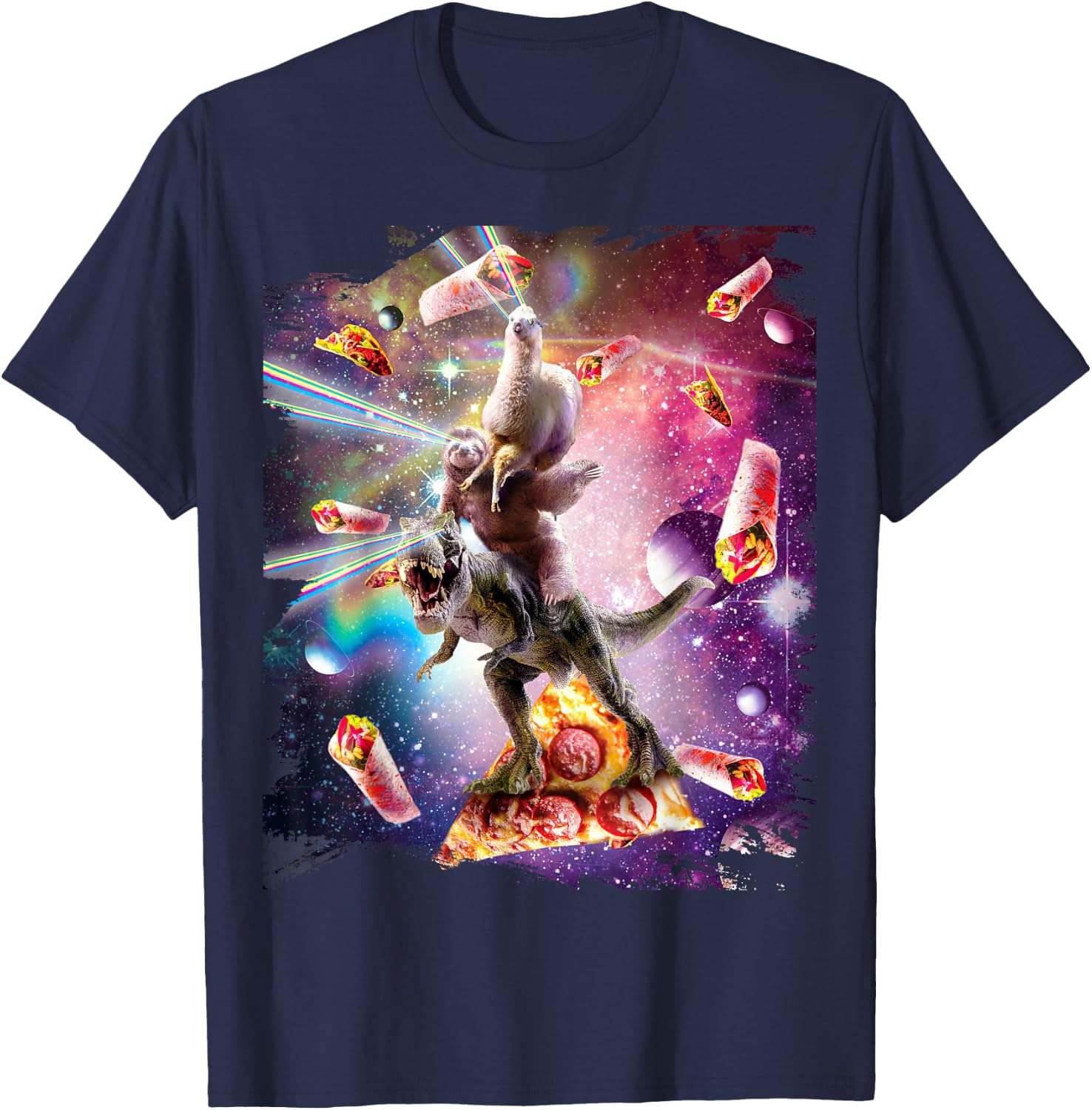 Laser Eyes Space Llama On Sloth Dinosaur - Rainbow T-Shirt - T-Shirt | Navy