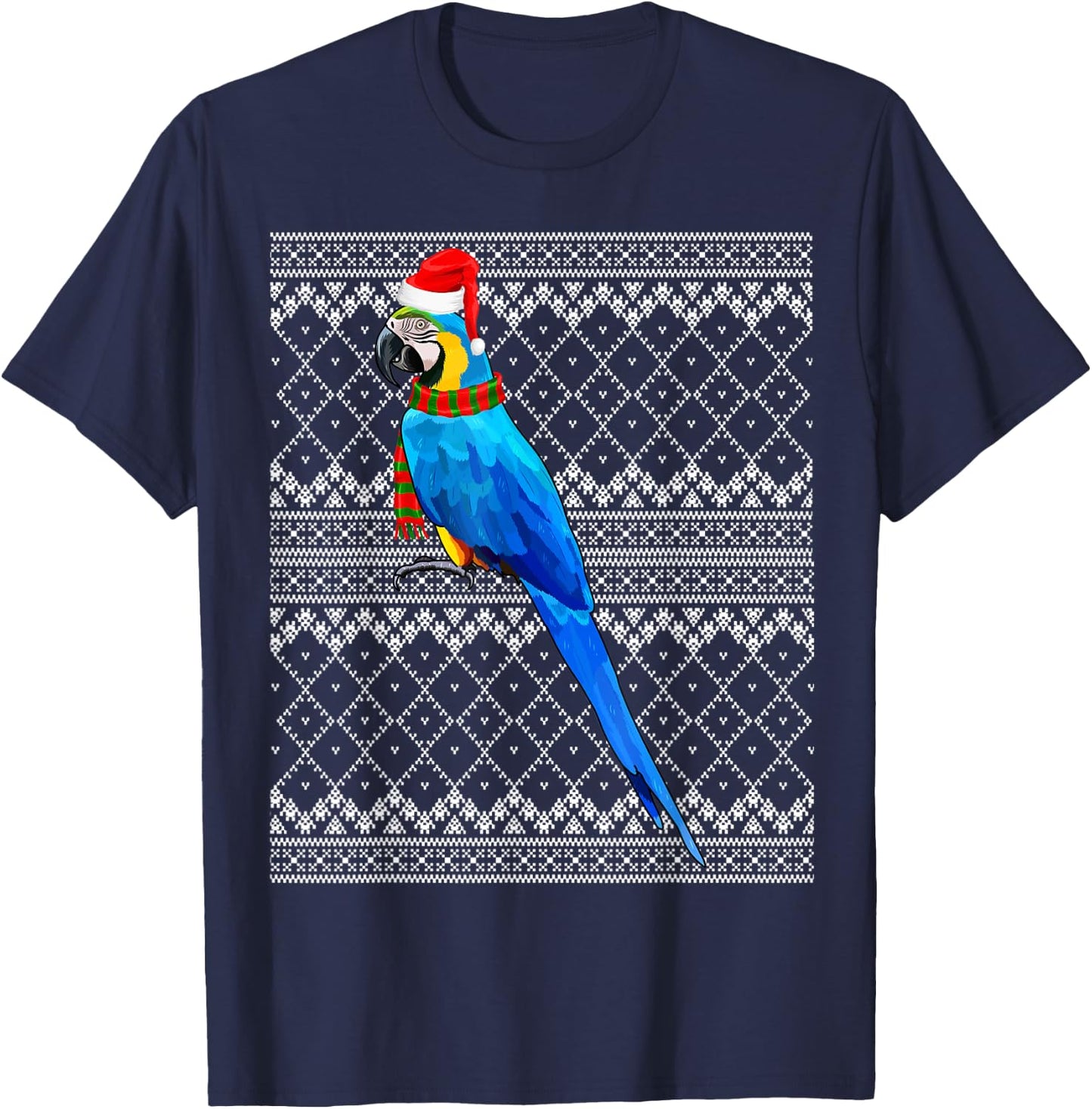 Xmas Bird Santa Hat Blue-and-Yellow Macaw Ugly Christmas T-Shirt - T-Shirt | Navy