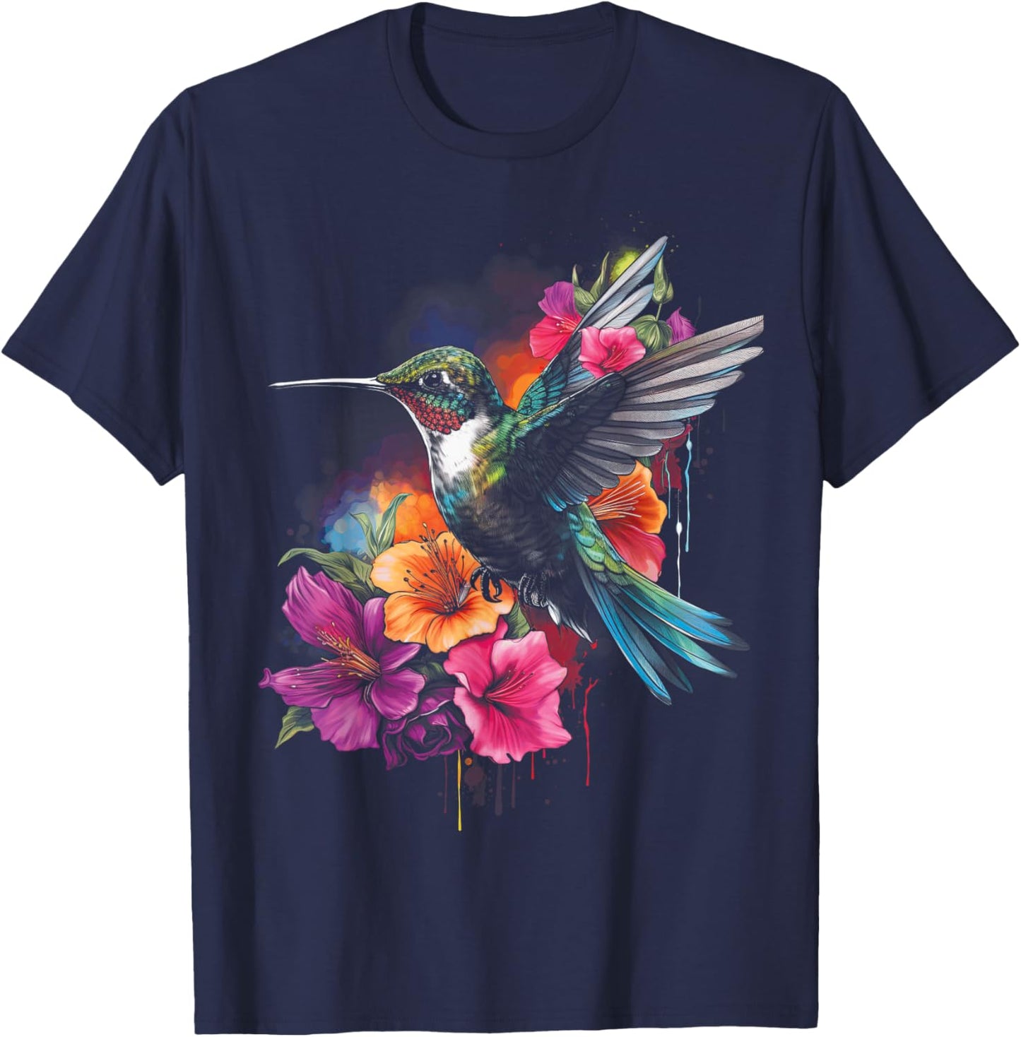 Hummingbird Floral Bird Artwork T-Shirt - T-Shirt | Navy