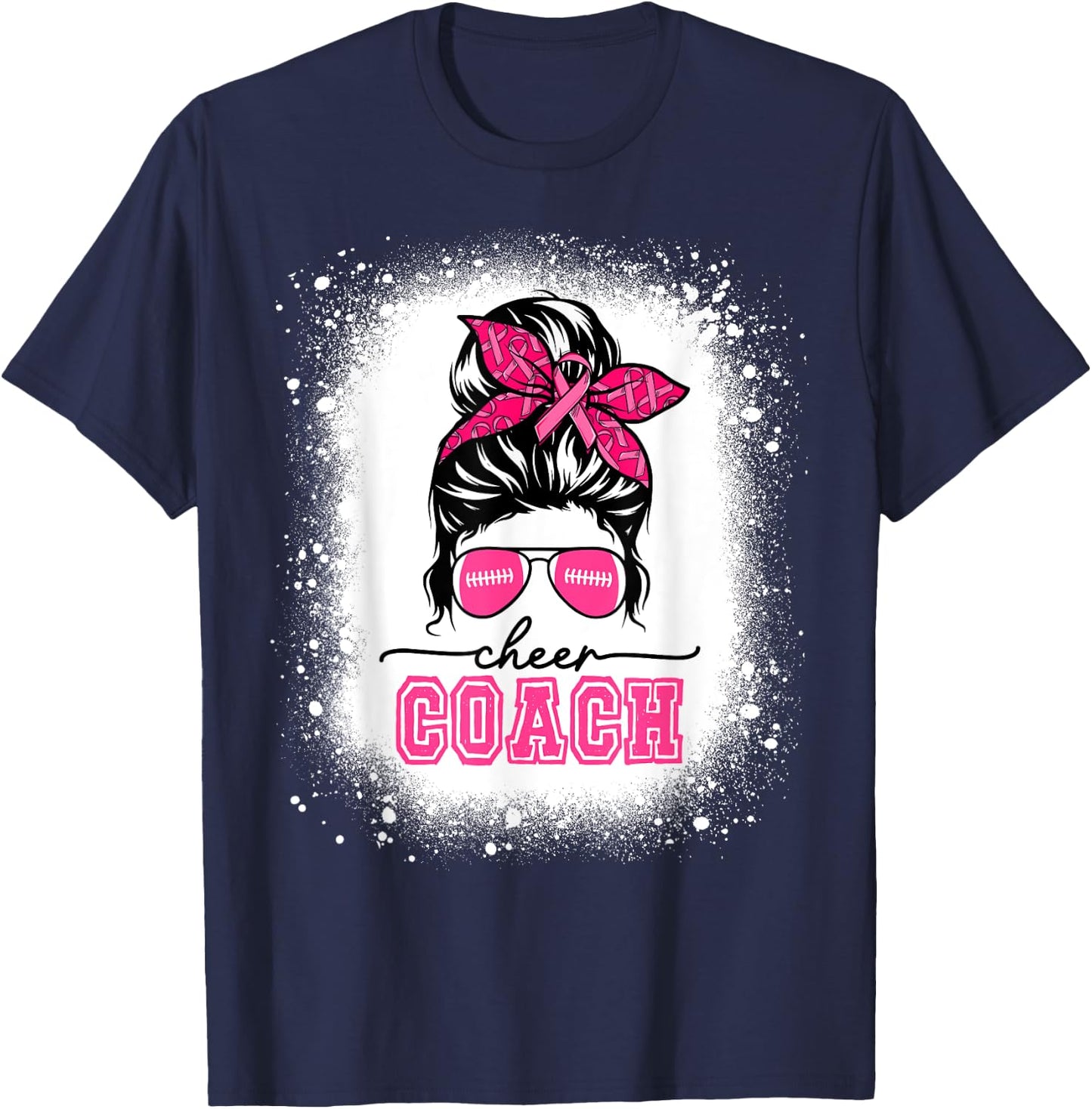Football Messy Bun Mom Cheer Coach Breast Cancer Bleached T-Shirt - T-Shirt | Navy