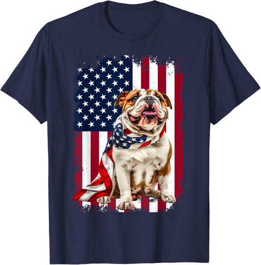 English Bulldog American Flag 4th Of July Bulldog Lovers T-Shirt - T-Shirt | Navy