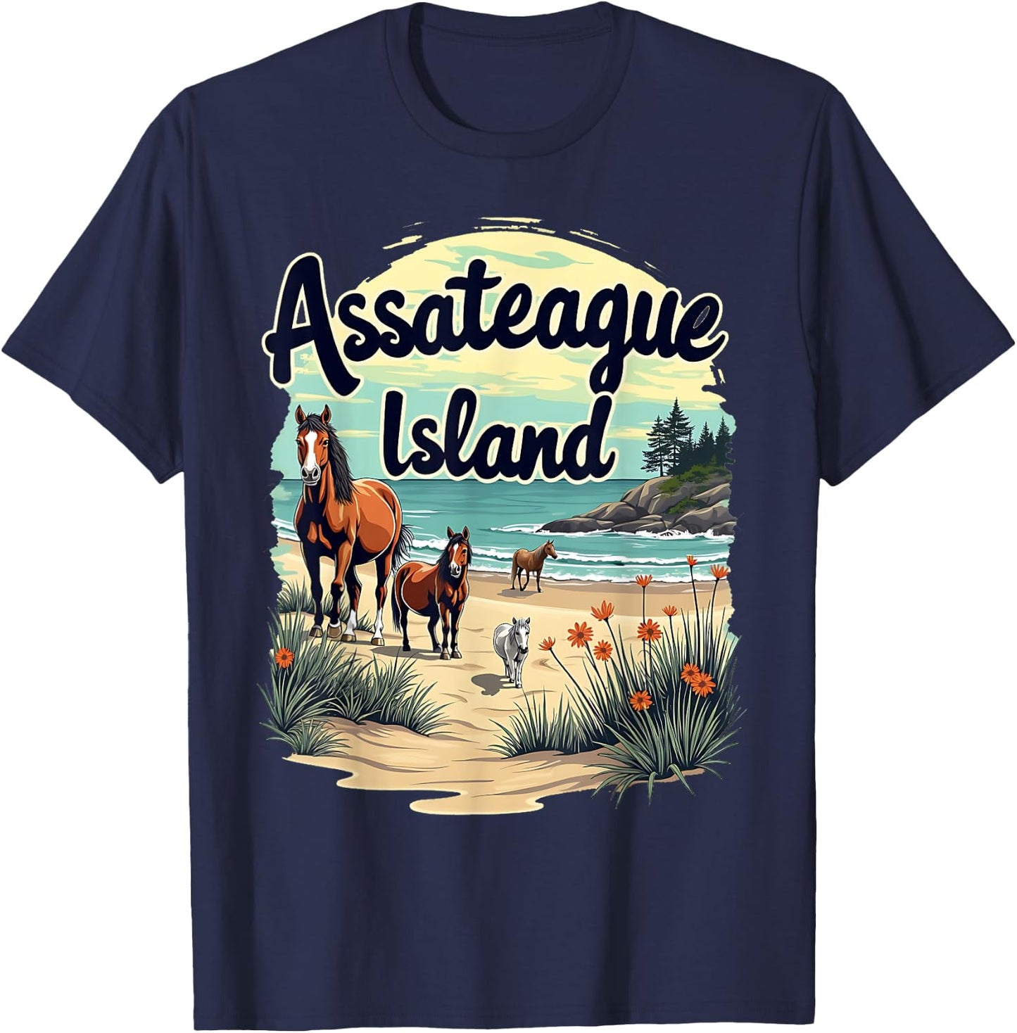 Scenic Wild Horses on Assateague Island Maryland T-Shirt - T-Shirt | Navy
